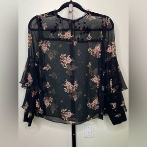 Zara Women Cut Out Flared Sleeve See Through Black Floral Blouse